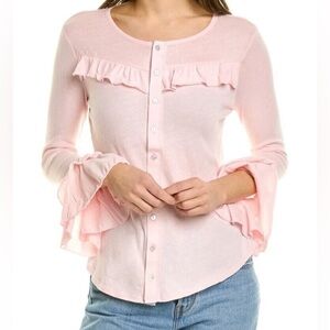 Chaser Light Pink Ruffle Button-Down Knit Top